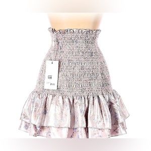 NWT Likely Kenzie Ruffled Mini Skirt. Metallic Floral Silver. Size XS